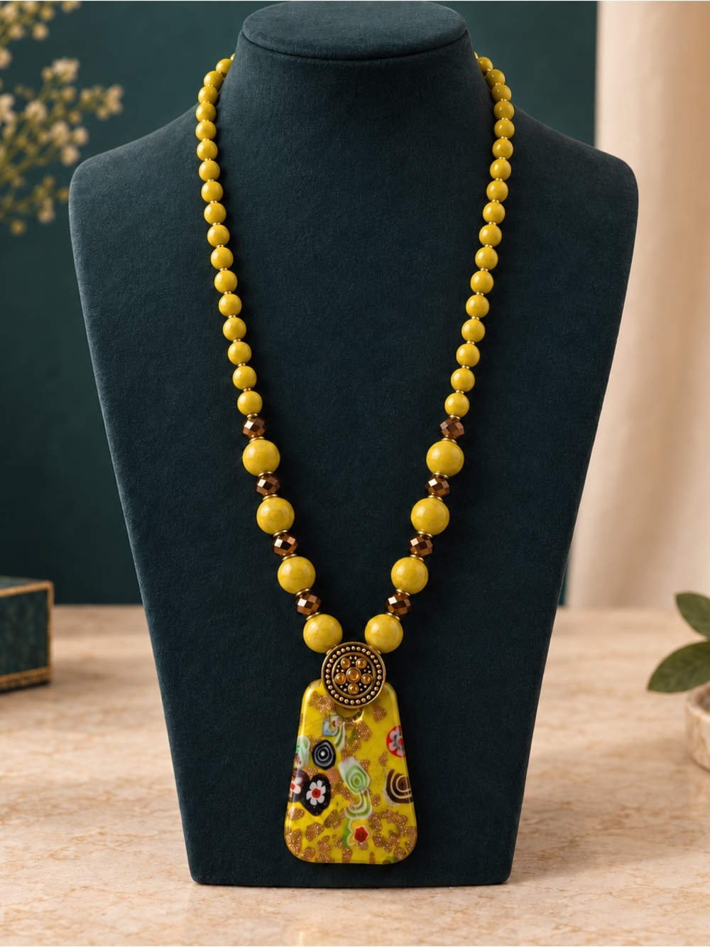Yellow Millefiori Glass Pendant Long Beaded Necklace Bronze Tone